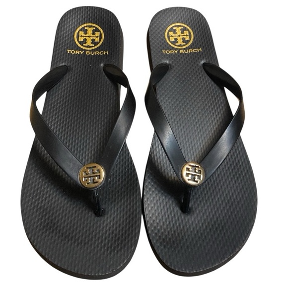 Tory Burch Black Lola Flip-Flops – Classic Logo Sandal Size 10-11 - Picture 1 of 6